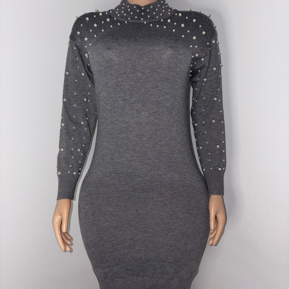 Elegant Gray Pearl-Embellished Dress